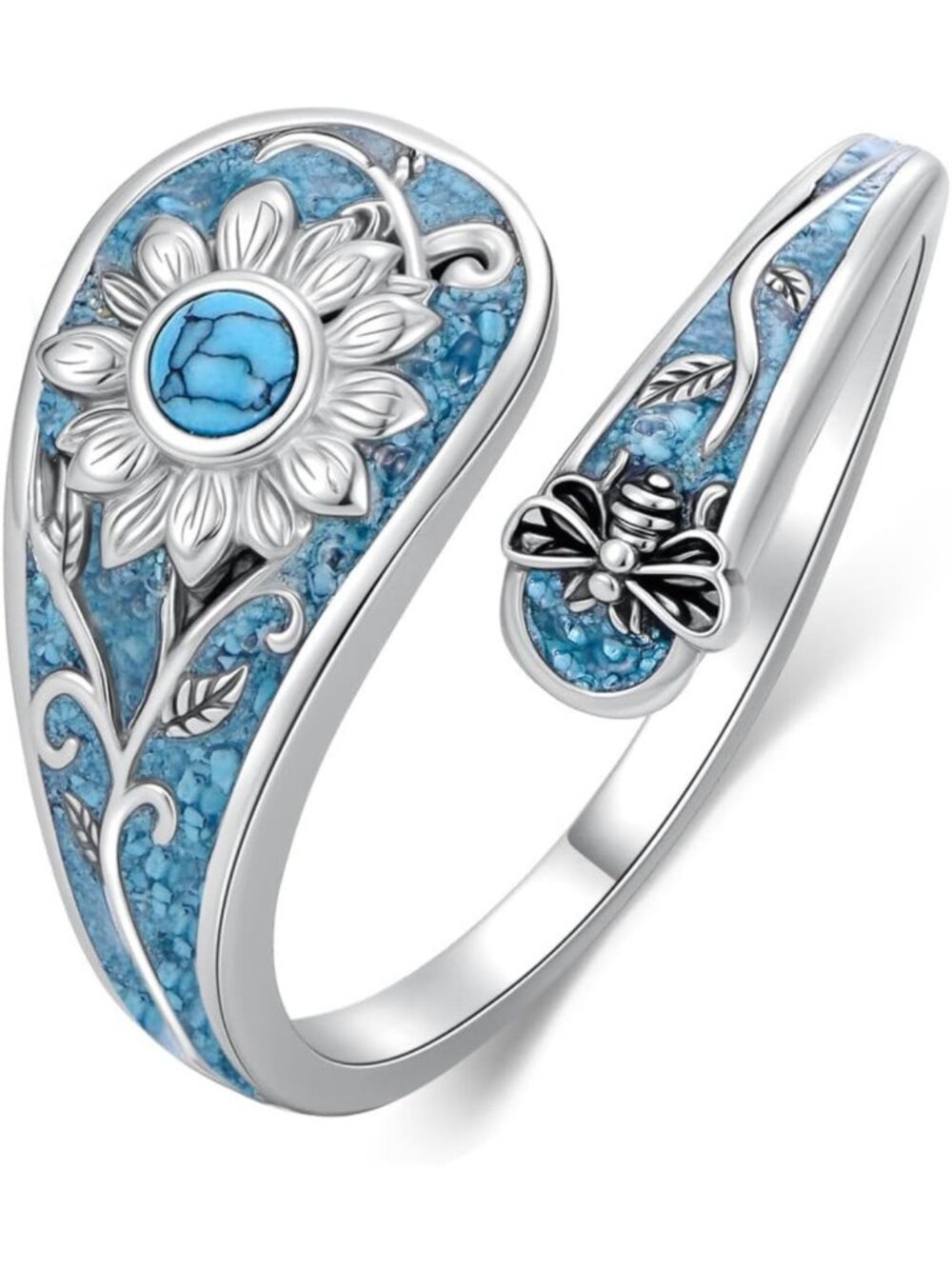 925 Sterling Silver Turquoise Spoon Ring - Vintage Boho Floral Thumb Ring